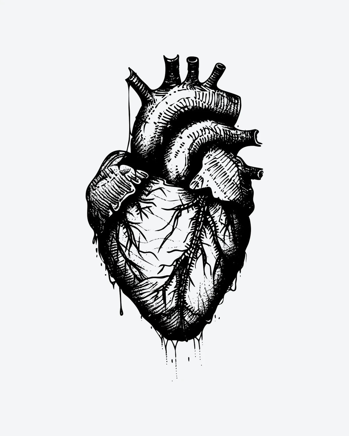 Gothic Heart semi-permanent tattoo design by INKY – Anatomical Heart, Cross illustration, 3 x 4 in (7x10 cm), available at inkytatt.com