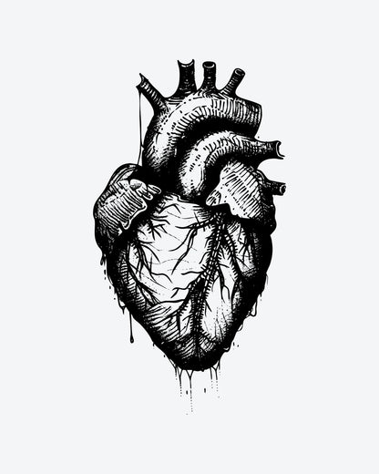 Gothic Heart semi-permanent tattoo design by INKY – Anatomical Heart, Cross illustration, 3 x 4 in (7x10 cm), available at inkytatt.com