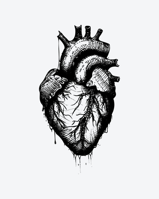 Gothic Heart semi-permanent tattoo design by INKY – Anatomical Heart, Cross illustration, 3 x 4 in (7x10 cm), available at inkytatt.com
