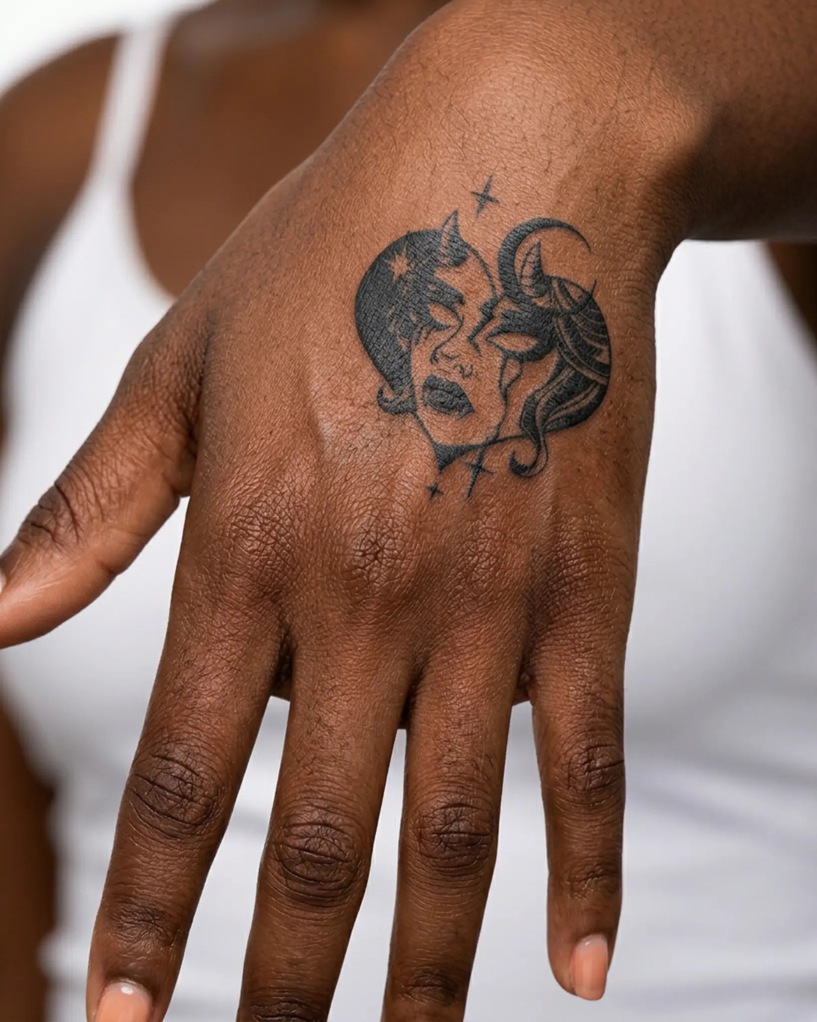 INKY Demon Heart semi-permanent tattoo applied on a woman – 2 x 2 in (4x4 cm) design, realistic ink look, lasts 10 days