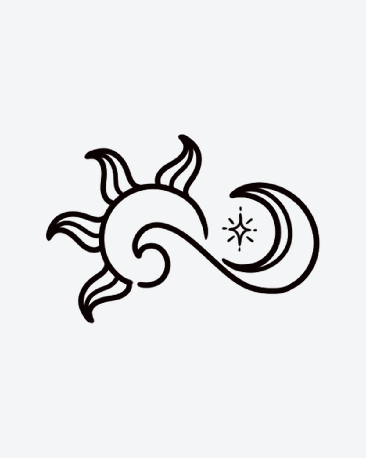 Sun & Moon semi-permanent tattoo design by INKY – Crescent Moon, Fine Line, Sun, Star illustration, 2 x 2 in (4x4 cm), available at inkytatt.com