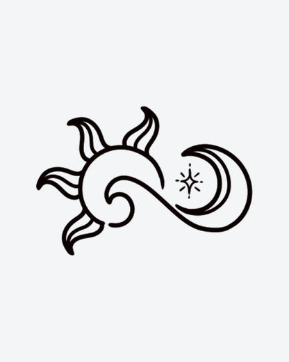 Sun & Moon semi-permanent tattoo design by INKY – Crescent Moon, Fine Line, Sun, Star illustration, 2 x 2 in (4x4 cm), available at inkytatt.com