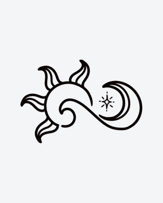 Sun & Moon semi-permanent tattoo design by INKY – Crescent Moon, Fine Line, Sun, Star illustration, 2 x 2 in (4x4 cm), available at inkytatt.com