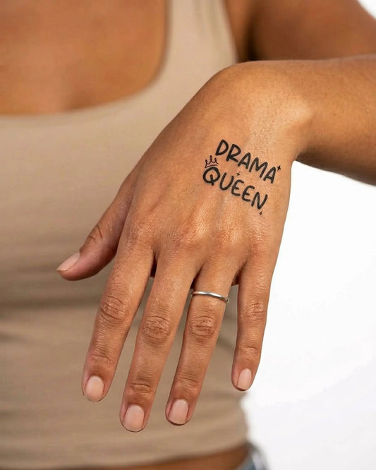 INKY Drama Queen Crown semi-permanent tattoo applied on a woman – 2 x 2 in (4x4 cm) design, realistic ink look, lasts 10 days
