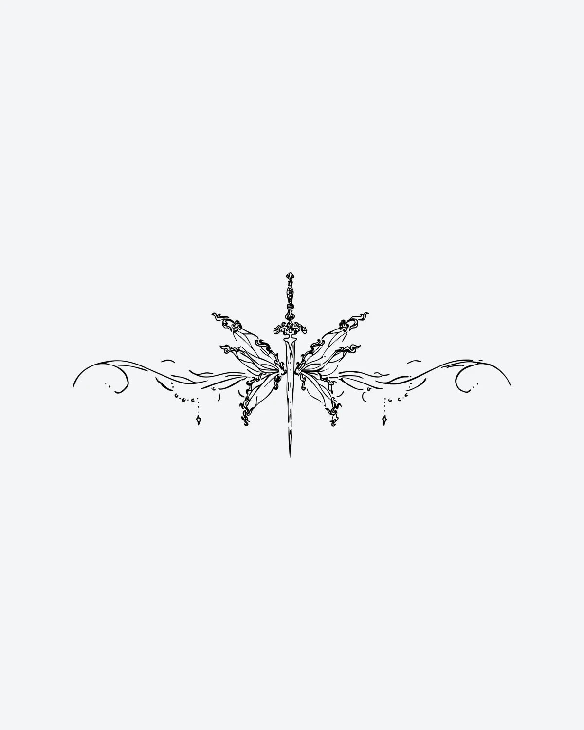 Mystic Blade semi-permanent tattoo design by INKY – Fine Line, Diamond, Wings, Sword, Dots illustration, 4 x 8 in (11x20 cm), available at inkytatt.com