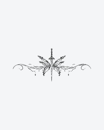 Mystic Blade semi-permanent tattoo design by INKY – Fine Line, Diamond, Wings, Sword, Dots illustration, 4 x 8 in (11x20 cm), available at inkytatt.com
