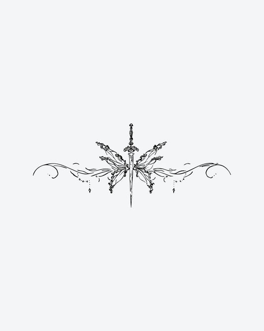 Mystic Blade semi-permanent tattoo design by INKY – Fine Line, Diamond, Wings, Sword, Dots illustration, 4 x 8 in (11x20 cm), available at inkytatt.com