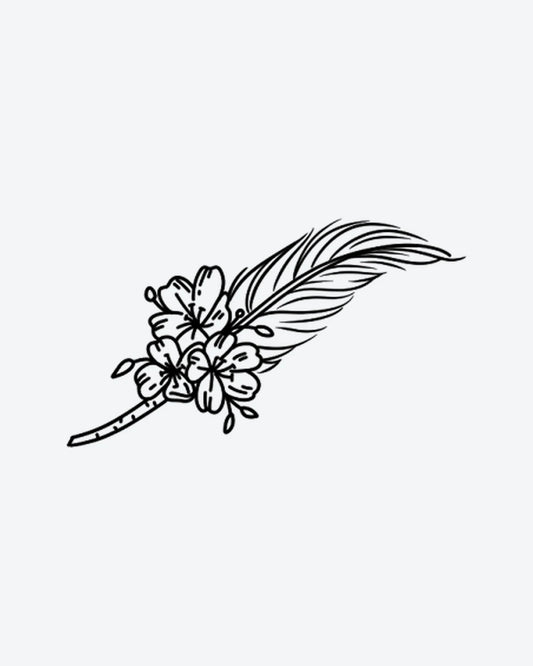 Feather & Flo semi-permanent tattoo design by INKY – Fine Line, Leaves, Feather, Blossom, Branch illustration, 2 x 2 in (4x4 cm), available at inkytatt.com