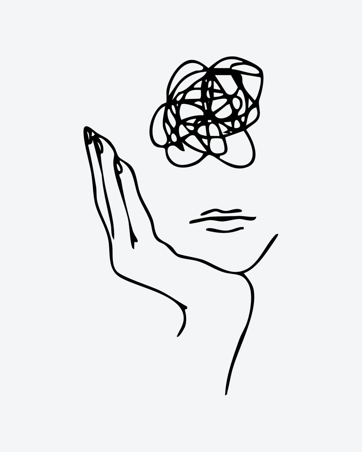 Tangled Mind semi-permanent tattoo design by INKY – Fine Line, Face, Hand illustration, 3 x 4 in (7x10 cm), available at inkytatt.com