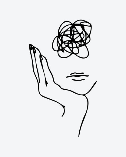 Tangled Mind semi-permanent tattoo design by INKY – Fine Line, Face, Hand illustration, 3 x 4 in (7x10 cm), available at inkytatt.com