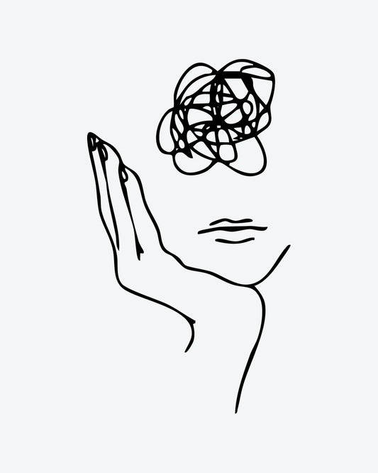 Tangled Mind semi-permanent tattoo design by INKY – Fine Line, Face, Hand illustration, 3 x 4 in (7x10 cm), available at inkytatt.com