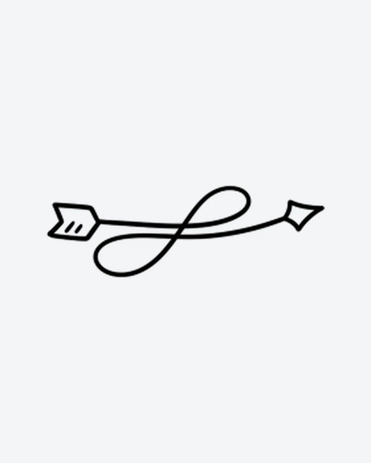 Loop Arrow 2 semi-permanent tattoo design by INKY – Fine Line, Infinity, Arrow illustration, 2 x 2 in (4x4 cm), available at inkytatt.com