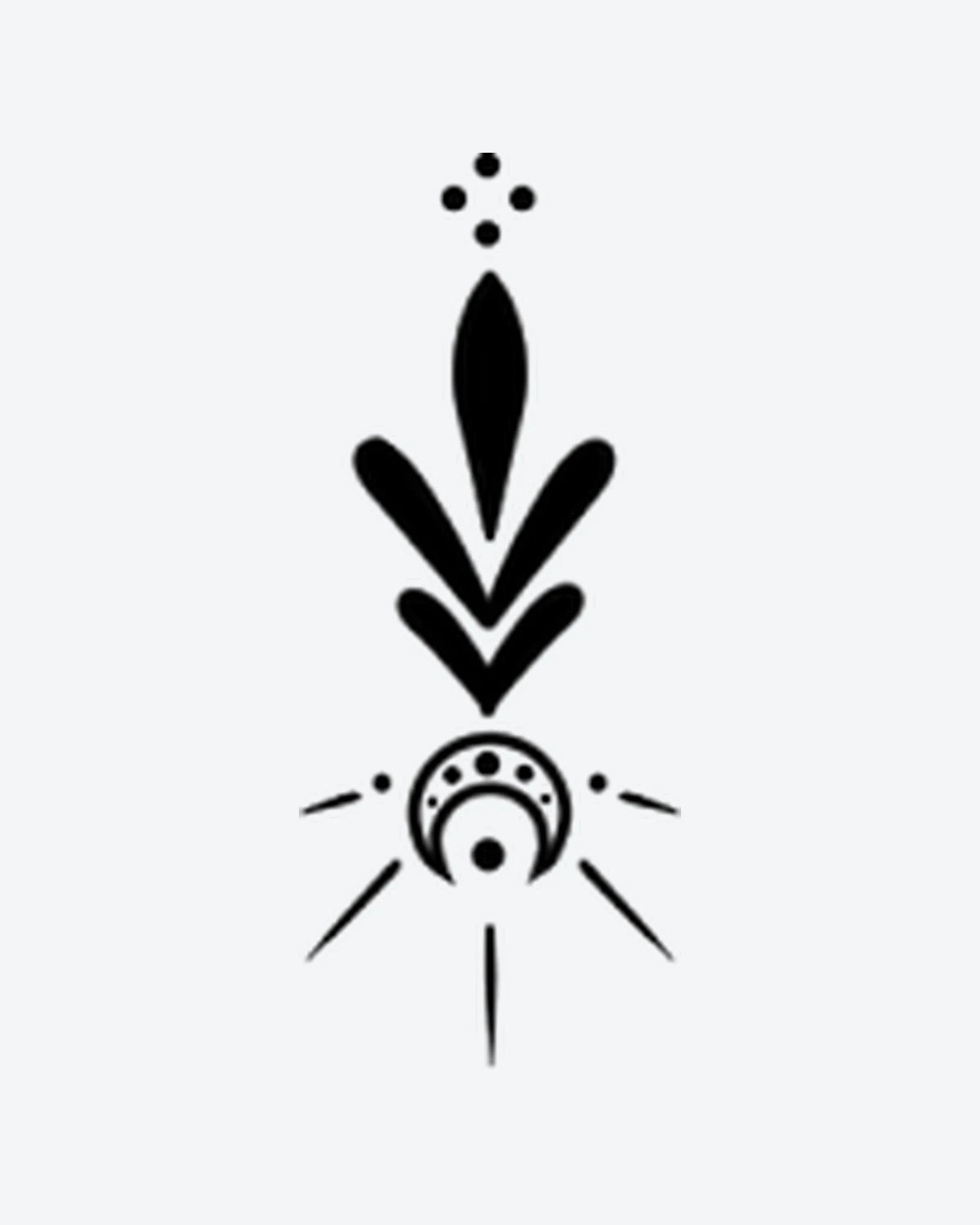 Mystic Arrow semi-permanent tattoo design by INKY – Crescent Moon, Sun, Leaf, Arrow, Eye illustration, 0.5 x 0.5 in (1x1 cm), available at inkytatt.com