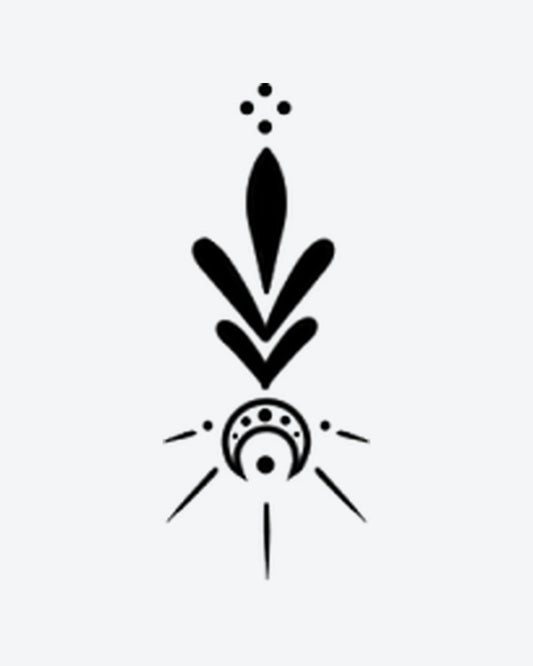 Mystic Arrow semi-permanent tattoo design by INKY – Crescent Moon, Sun, Leaf, Arrow, Eye illustration, 0.5 x 0.5 in (1x1 cm), available at inkytatt.com