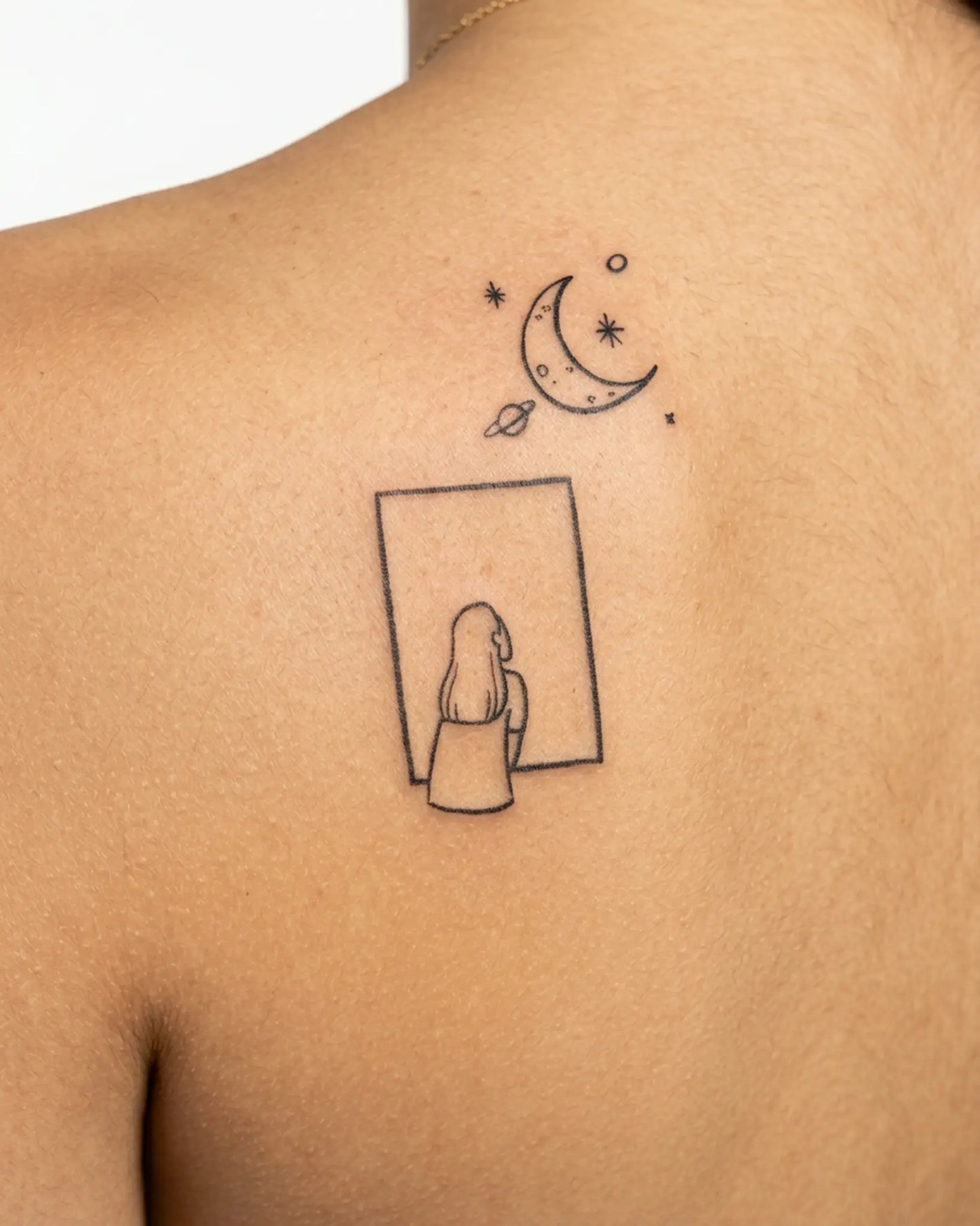 INKY Moon Dream semi-permanent tattoo applied on a woman – 3 x 4 in (7x10 cm) design, realistic ink look, lasts 10 days