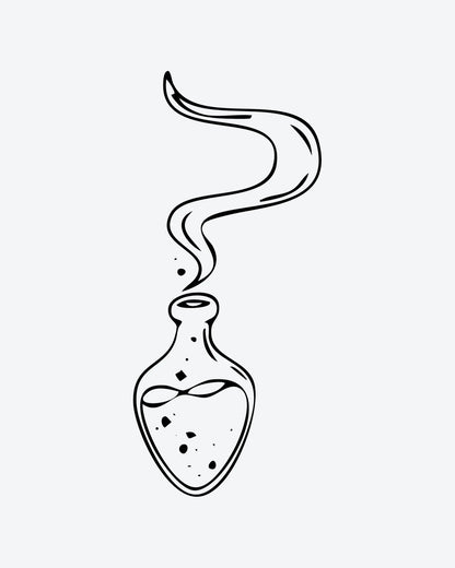 Magic Potion semi-permanent tattoo design by INKY – Line Art illustration, 2 x 2 in (4x4 cm), available at inkytatt.com