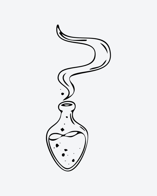 Magic Potion semi-permanent tattoo design by INKY – Line Art illustration, 2 x 2 in (4x4 cm), available at inkytatt.com