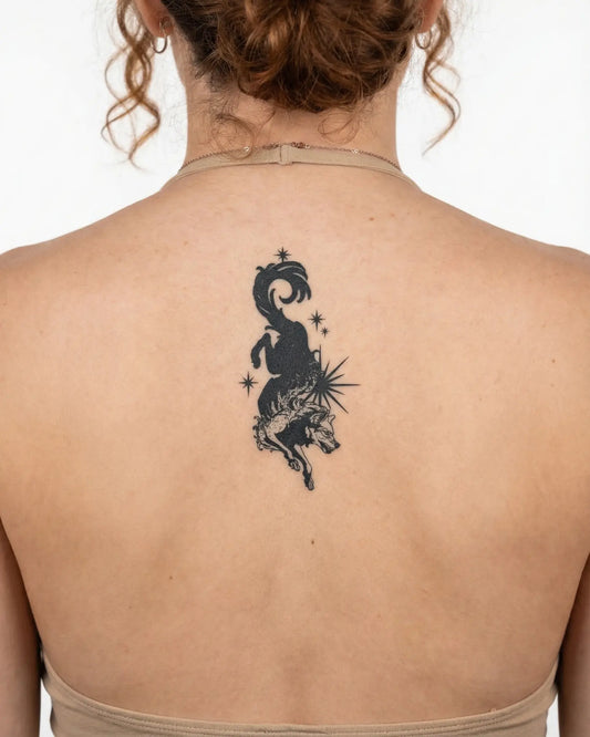 INKY Star Wolf semi-permanent tattoo applied on a woman – 2 x 4 in (6x10 cm) design, realistic ink look, lasts 10 days