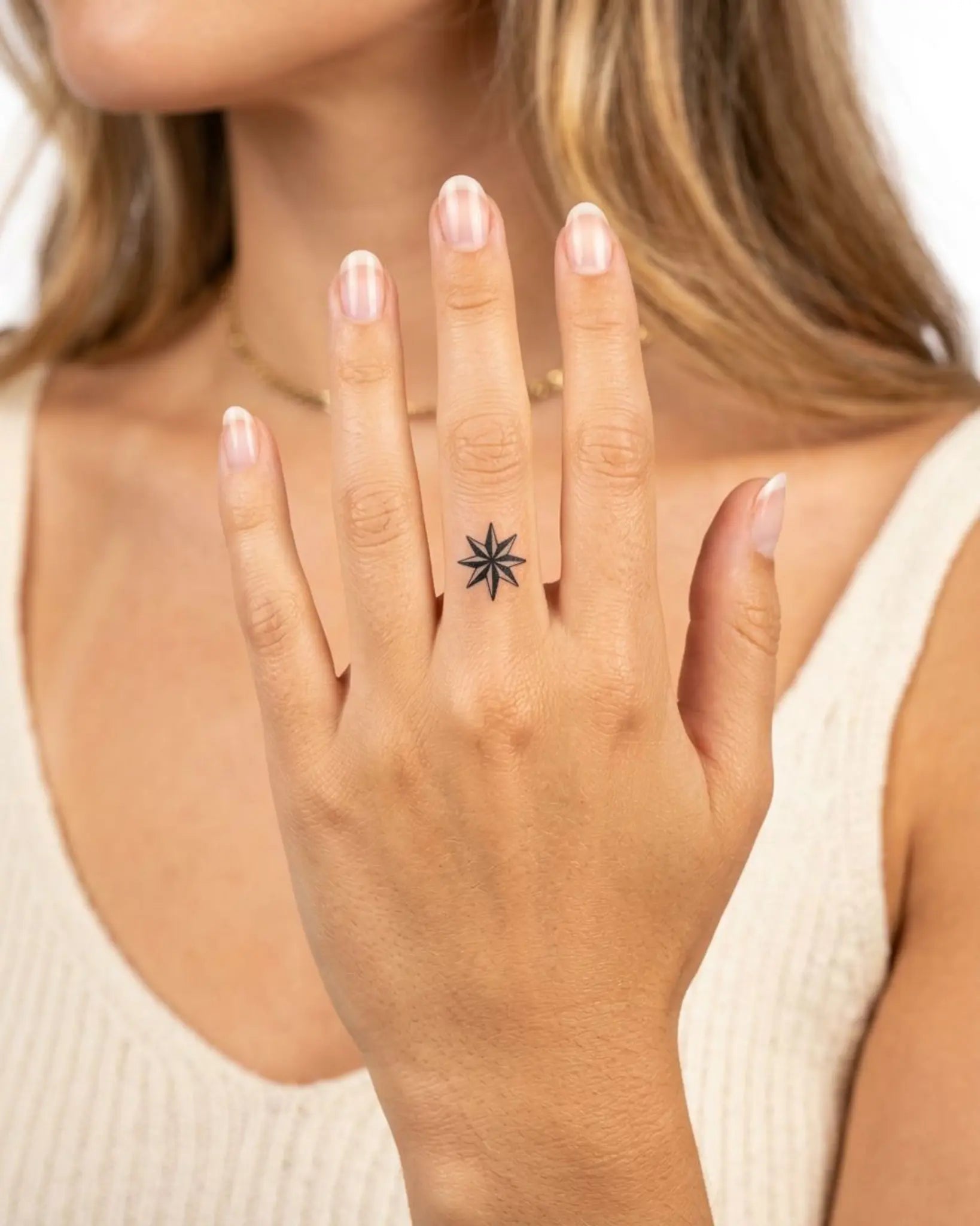 INKY Compass Rose semi-permanent tattoo applied on a woman – 0.5 x 0.5 in (1x1 cm) design, realistic ink look, lasts 10 days