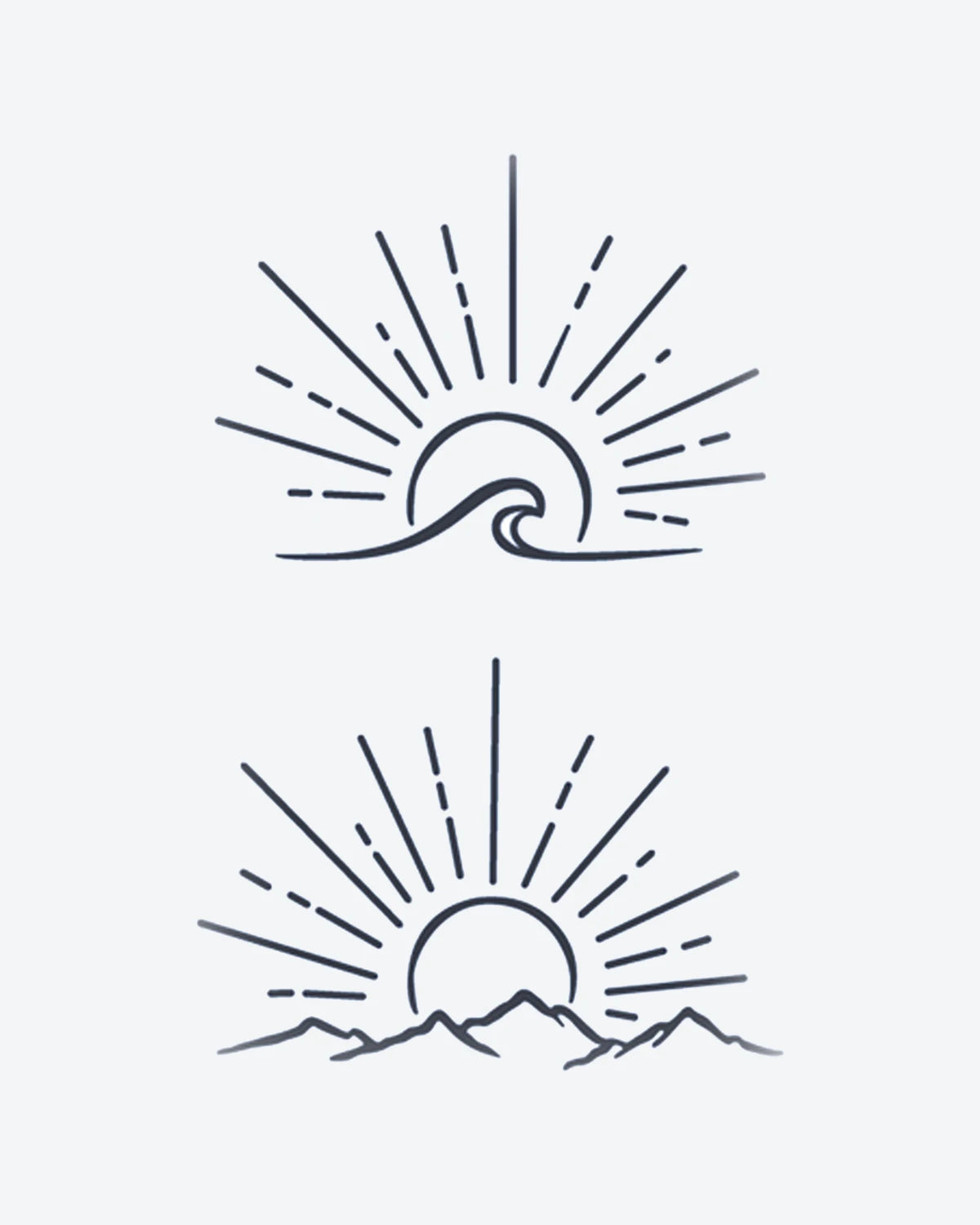 Rise & Set semi-permanent tattoo design by INKY – Ocean Wave, Fine Line, Mountain, Sun, Circle illustration, 3 x 4 in (7x10 cm), available at inkytatt.com