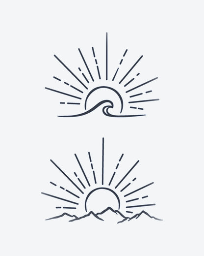 Rise & Set semi-permanent tattoo design by INKY – Ocean Wave, Fine Line, Mountain, Sun, Circle illustration, 3 x 4 in (7x10 cm), available at inkytatt.com