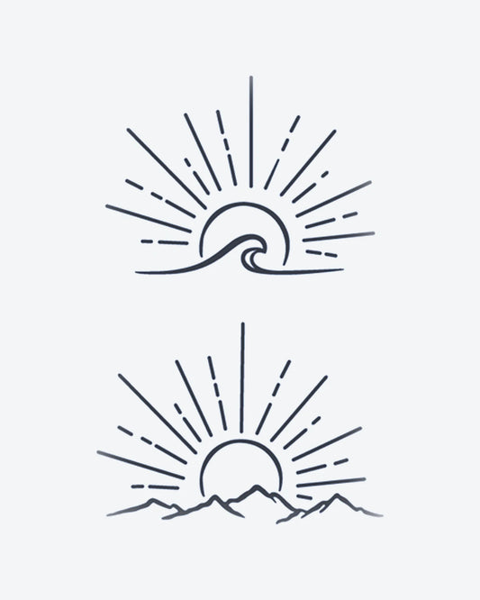 Rise & Set semi-permanent tattoo design by INKY – Ocean Wave, Fine Line, Mountain, Sun, Circle illustration, 3 x 4 in (7x10 cm), available at inkytatt.com