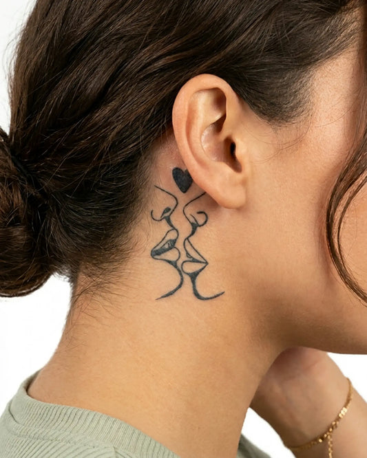 INKY Love Kiss semi-permanent tattoo applied on a woman – 2 x 2 in (4x4 cm) design, realistic ink look, lasts 10 days