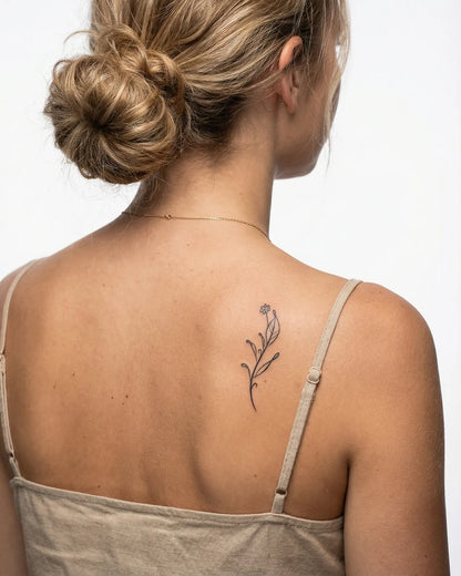 INKY Floral Stem 4 semi-permanent tattoo applied on a woman – 2 x 4 in (6x10 cm) design, realistic ink look, lasts 10 days