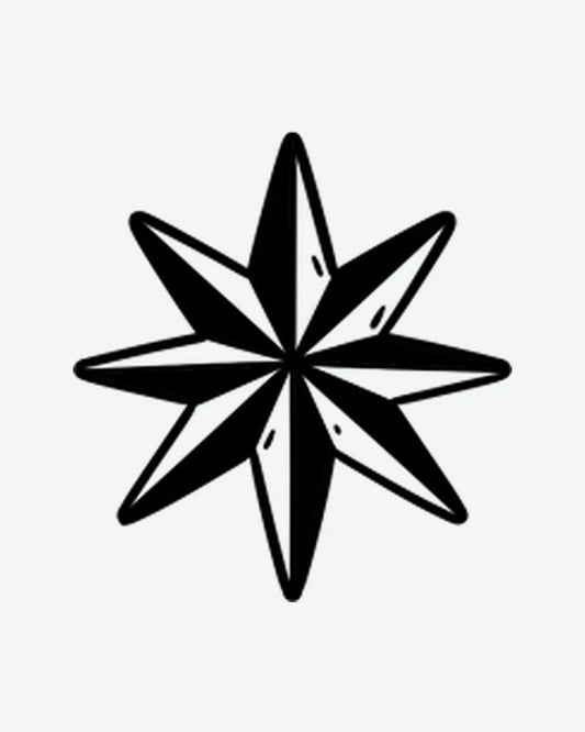 Compass Rose semi-permanent tattoo design by INKY – Rose, Star, Compass illustration, 0.5 x 0.5 in (1x1 cm), available at inkytatt.com