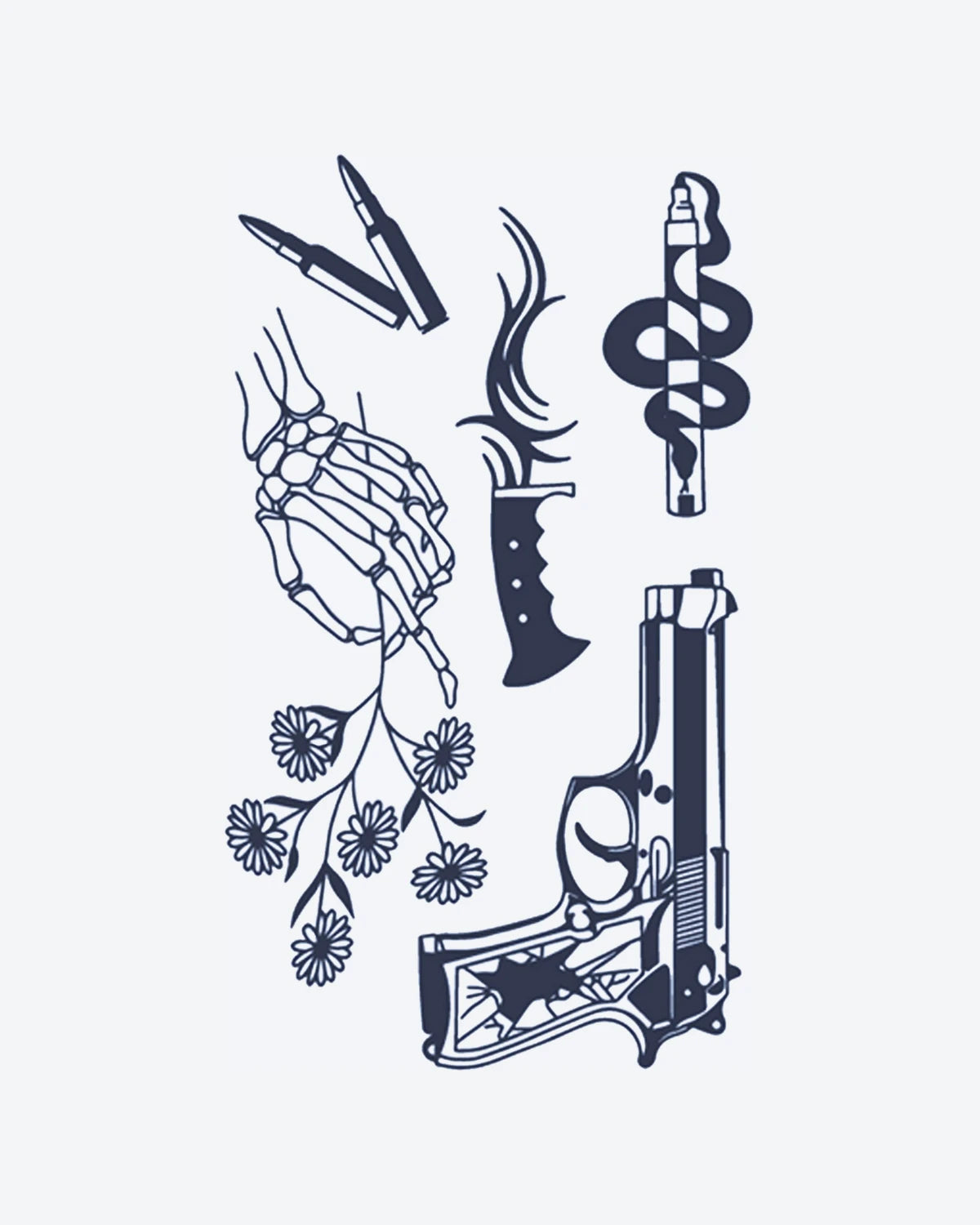 Bullet Bloom semi-permanent tattoo design by INKY – Fine Line, Flower, Snake, Dagger, Pattern illustration, 4 x 7 in (10x17 cm), available at inkytatt.com