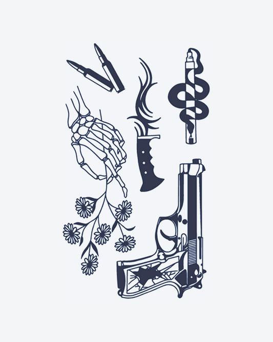 Bullet Bloom semi-permanent tattoo design by INKY – Fine Line, Flower, Snake, Dagger, Pattern illustration, 4 x 7 in (10x17 cm), available at inkytatt.com