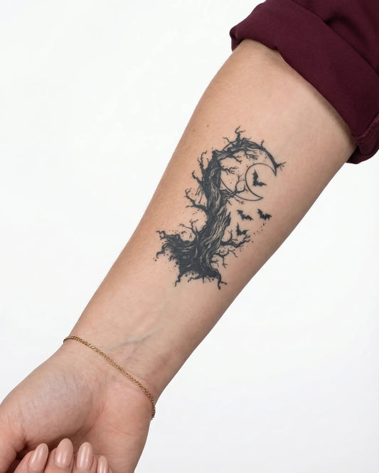 INKY Gothic Tree semi-permanent tattoo applied on a woman – 2 x 4 in (6x10 cm) design, realistic ink look, lasts 10 days