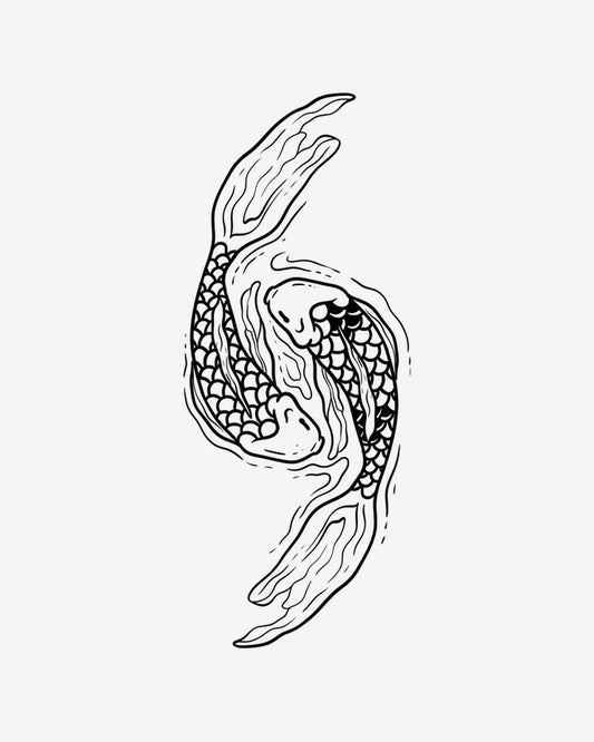 Koi Flow 2 semi-permanent tattoo design by INKY – Line Art, Fish, Water illustration, 2 x 2 in (4x4 cm), available at inkytatt.com