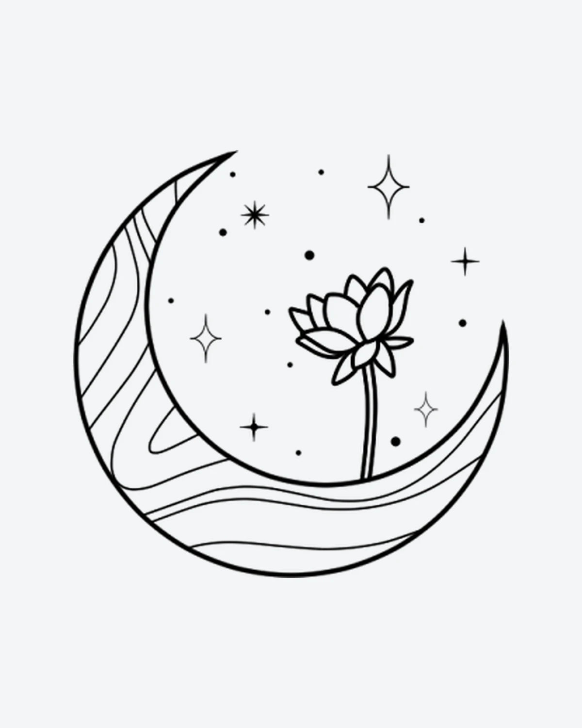 Lunar Lotus semi-permanent tattoo design by INKY – Crescent Moon, Lotus Flower, Fine Line, Star, Dots illustration, 2 x 2 in (4x4 cm), available at inkytatt.com