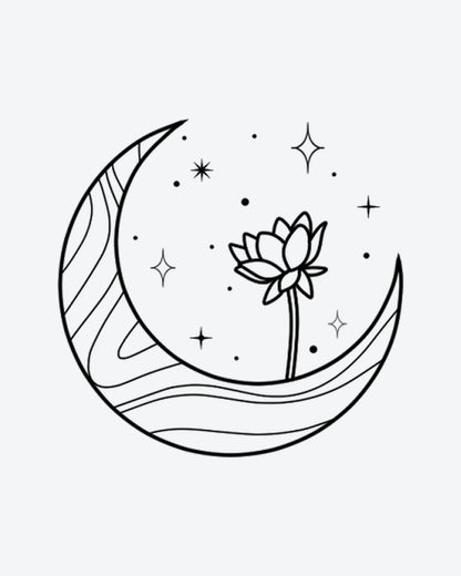 Lunar Lotus semi-permanent tattoo design by INKY – Crescent Moon, Lotus Flower, Fine Line, Star, Dots illustration, 2 x 2 in (4x4 cm), available at inkytatt.com