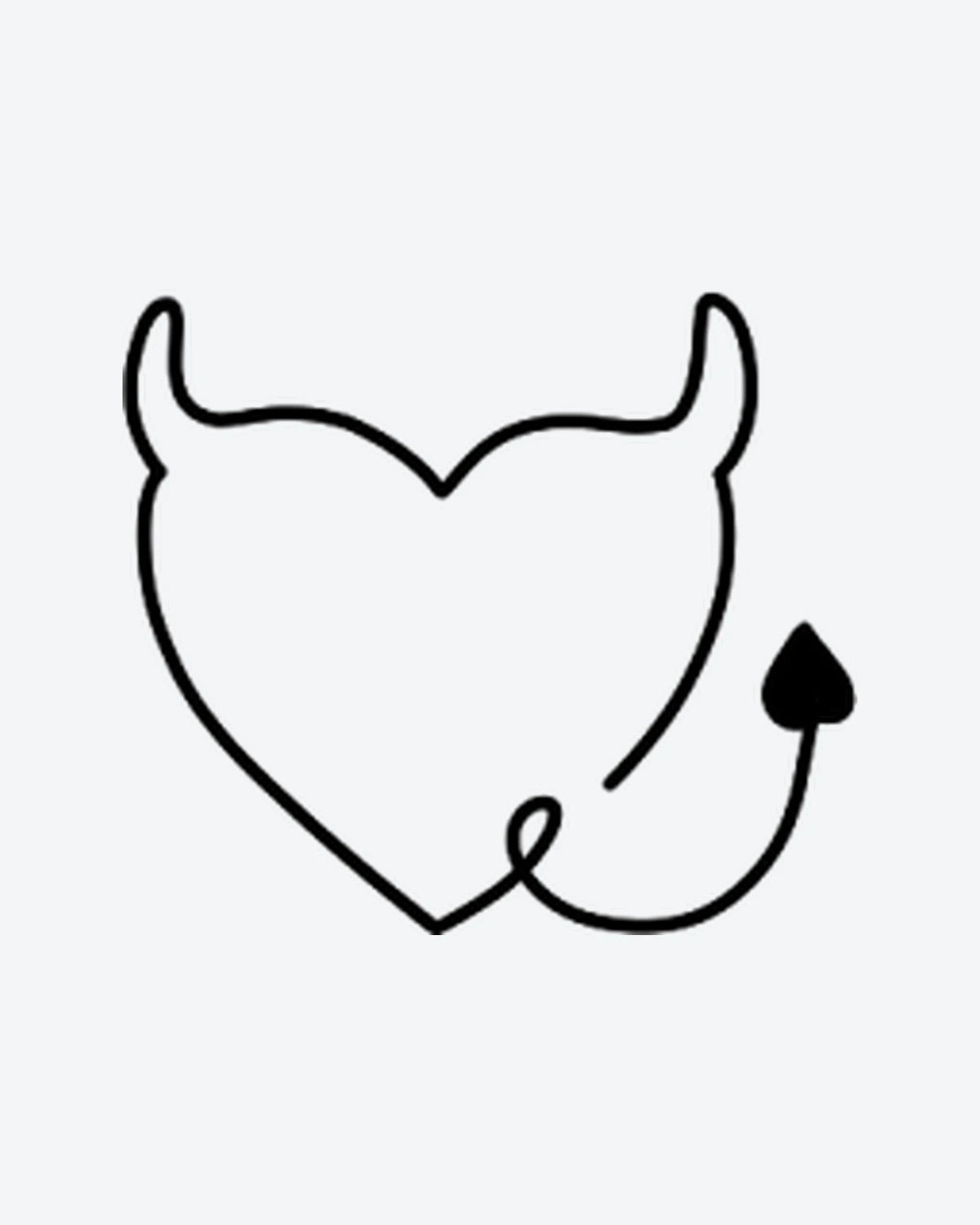 Devil Heart semi-permanent tattoo design by INKY – Fine Line, Heart, Horn illustration, 0.5 x 0.5 in (1x1 cm), available at inkytatt.com