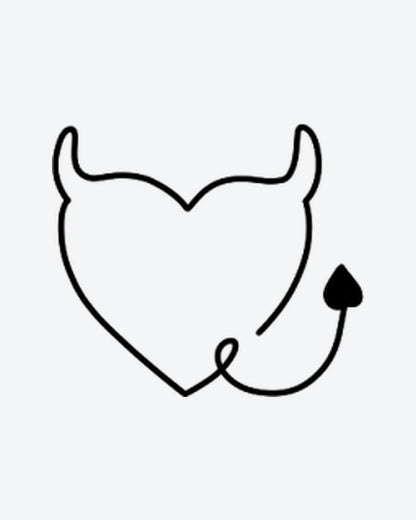 Devil Heart semi-permanent tattoo design by INKY – Fine Line, Heart, Horn illustration, 0.5 x 0.5 in (1x1 cm), available at inkytatt.com
