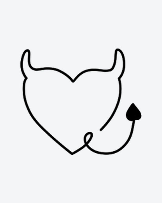 Devil Heart semi-permanent tattoo design by INKY – Fine Line, Heart, Horn illustration, 0.5 x 0.5 in (1x1 cm), available at inkytatt.com