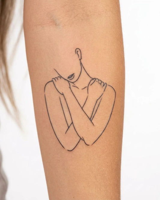 INKY Self Love semi-permanent tattoo applied on a woman – 3 x 3 in (7x7 cm) design, realistic ink look, lasts 10 days