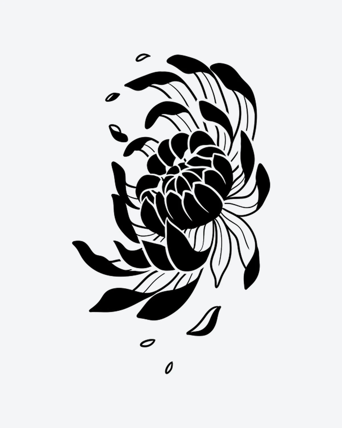 Elegant Mum semi-permanent tattoo design by INKY – Fine Line, Flower, Petal, Bloom illustration, 2 x 4 in (6x10 cm), available at inkytatt.com