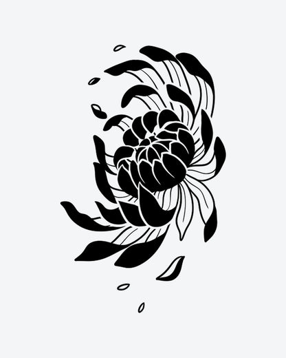 Elegant Mum semi-permanent tattoo design by INKY – Fine Line, Flower, Petal, Bloom illustration, 2 x 4 in (6x10 cm), available at inkytatt.com