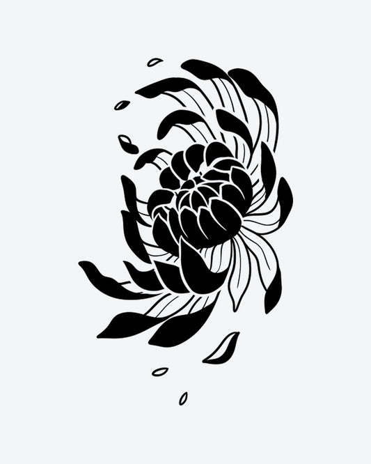 Elegant Mum semi-permanent tattoo design by INKY – Fine Line, Flower, Petal, Bloom illustration, 2 x 4 in (6x10 cm), available at inkytatt.com