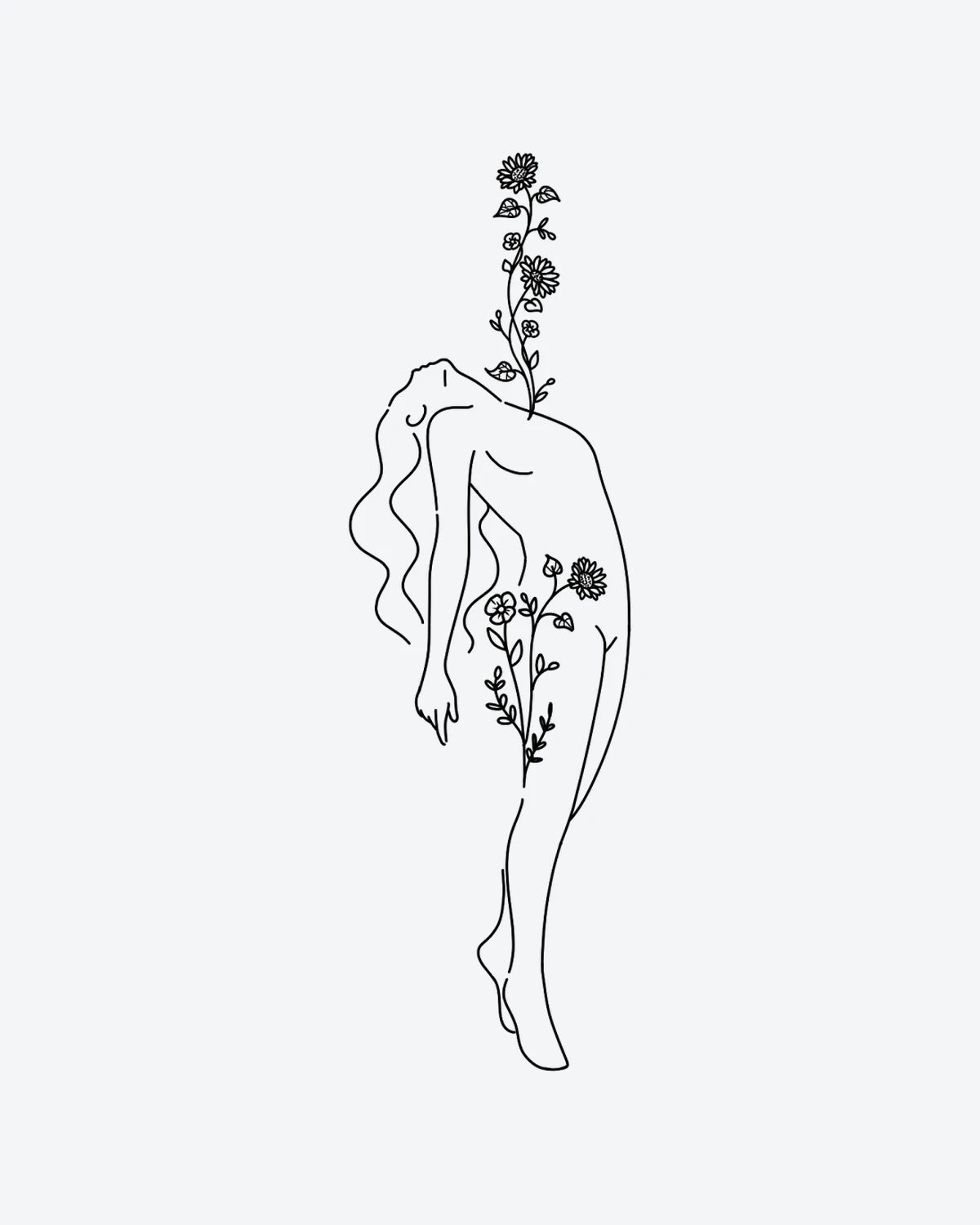 Inner Bloom semi-permanent tattoo design by INKY – Fine Line, Flower, Leaves illustration, 2 x 4 in (6x10 cm), available at inkytatt.com