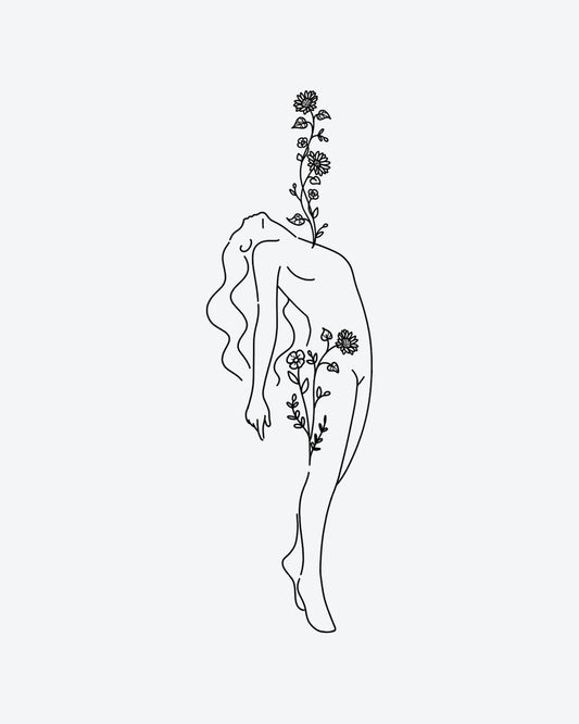 Inner Bloom semi-permanent tattoo design by INKY – Fine Line, Flower, Leaves illustration, 2 x 4 in (6x10 cm), available at inkytatt.com