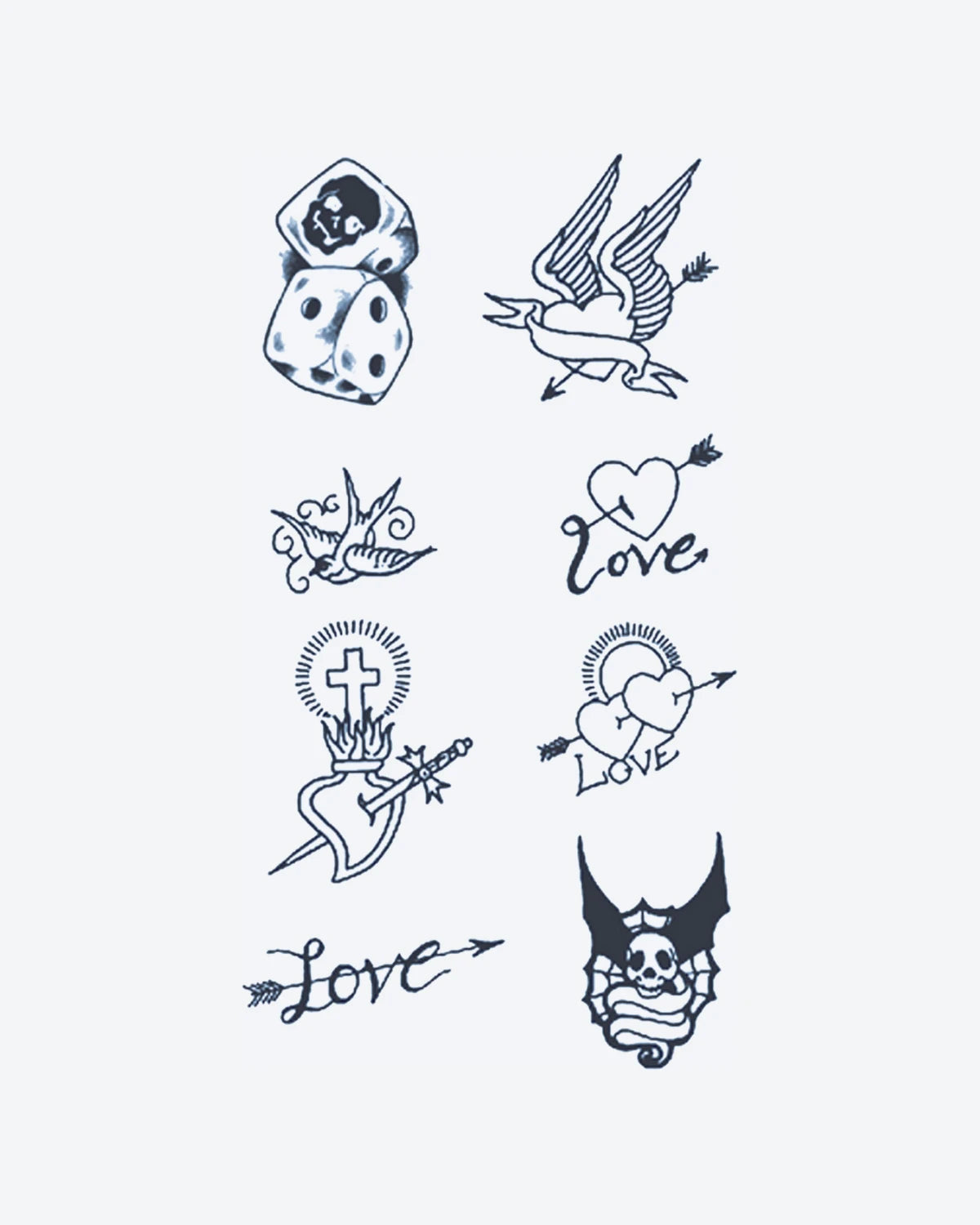 Flash Set semi-permanent tattoo design by INKY – Heart, Cross, Arrow, Skull, Wings illustration, 2 x 4 in (6x10 cm), available at inkytatt.com