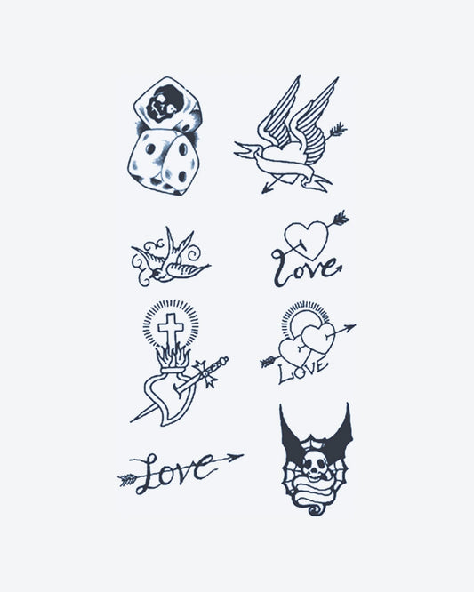 Flash Set semi-permanent tattoo design by INKY – Heart, Cross, Arrow, Skull, Wings illustration, 2 x 4 in (6x10 cm), available at inkytatt.com