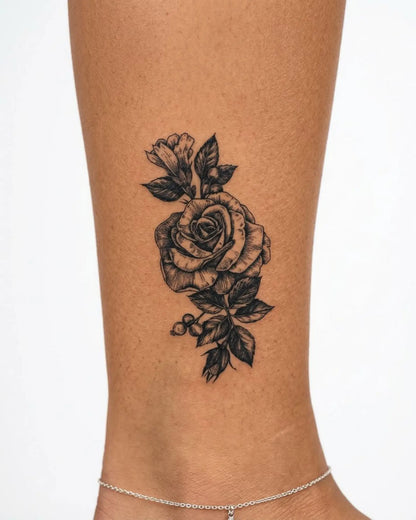 INKY Classic Rose semi-permanent tattoo applied on a woman – 3 x 4 in (7x10 cm) design, realistic ink look, lasts 10 days