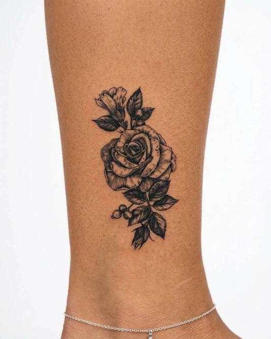 INKY Classic Rose semi-permanent tattoo applied on a woman – 3 x 4 in (7x10 cm) design, realistic ink look, lasts 10 days