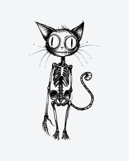 Skelly Cat semi-permanent tattoo design by INKY – Cat, Eye, Skeleton illustration, 2 x 4 in (6x10 cm), available at inkytatt.com