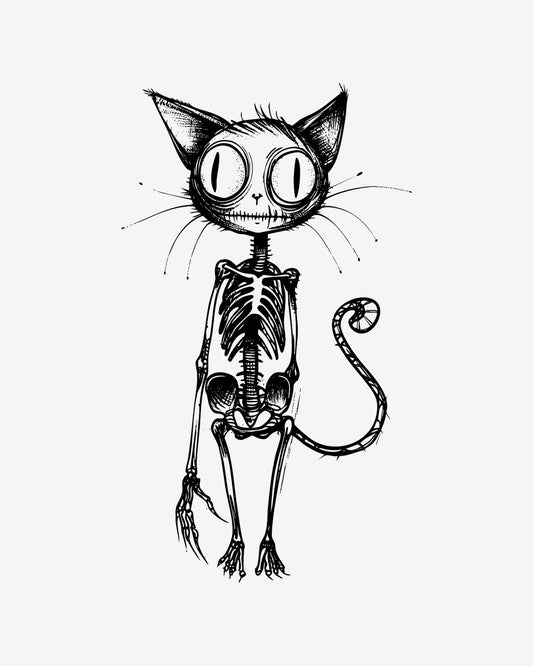 Skelly Cat semi-permanent tattoo design by INKY – Cat, Eye, Skeleton illustration, 2 x 4 in (6x10 cm), available at inkytatt.com